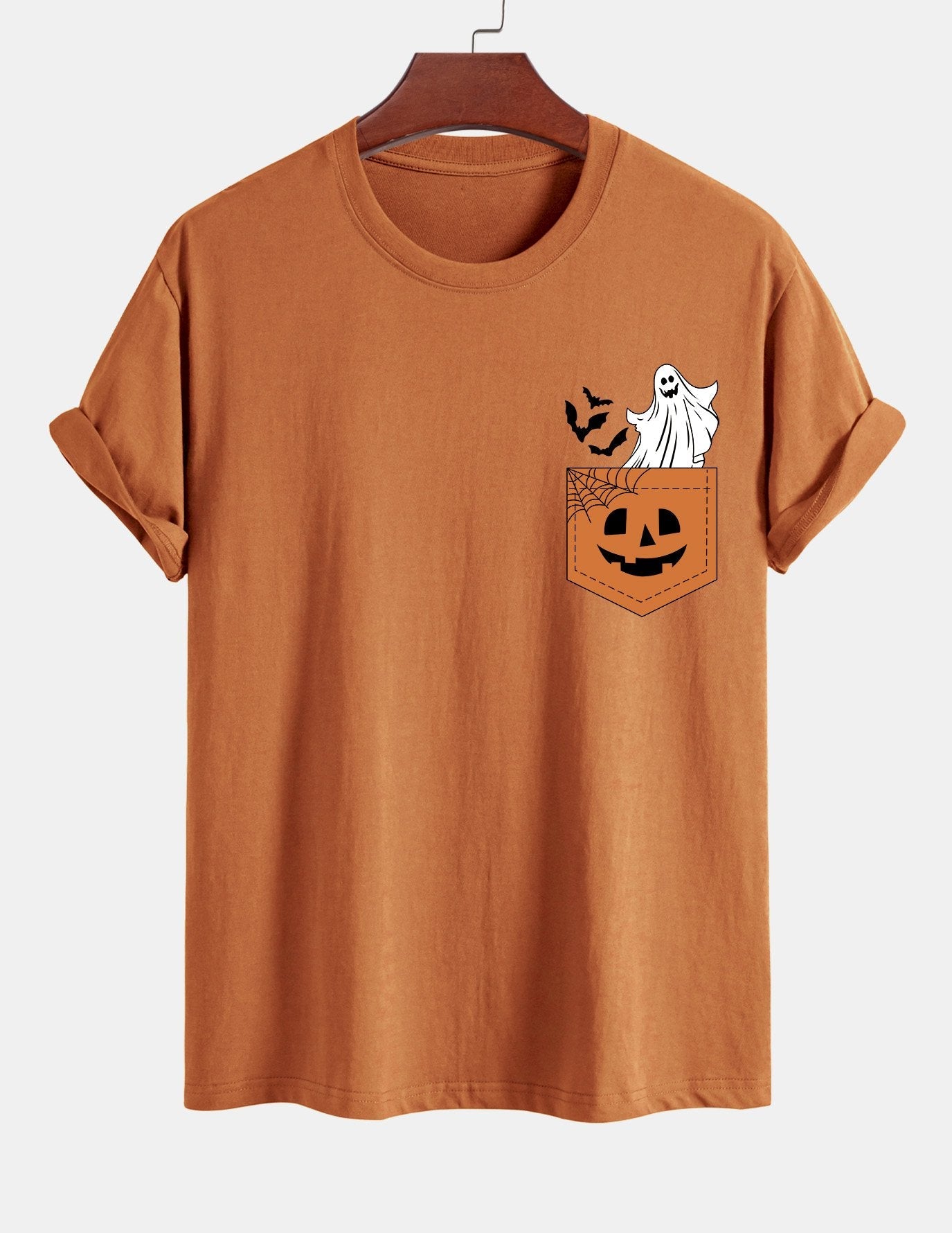 Regular Fit Pocket Pumpkin Ghost Print Cotton T-Shirt