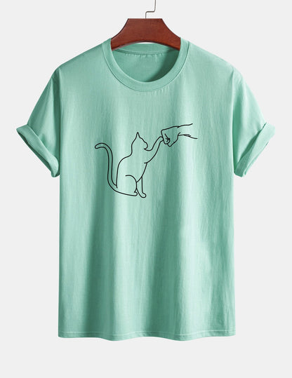 Regular Fit Fist Bump Cat Print Cotton T-Shirt