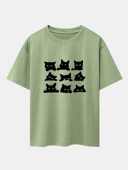 Black Cat Staring Print Drop Shoulder Oversize T-Shirt