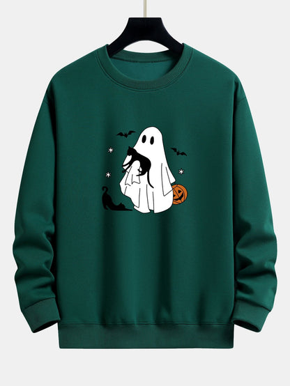 Halloween Ghost Black Cat Print Relax Fit Sweatshirt