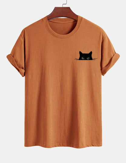 Regular Fit Black Cat Print Cotton T-Shirt