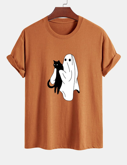 Regular Fit Ghost Black Cat Print Cotton T-Shirt