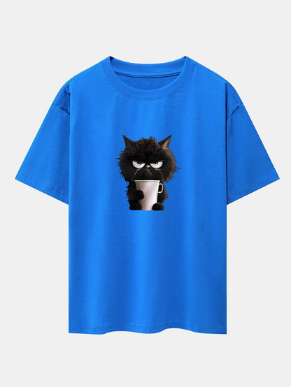 Black Cat Drinking Coffee Print Drop Shoulder Oversize T-Shirt