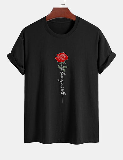 Regular Fit Rose Slogan Print Cotton T-Shirt