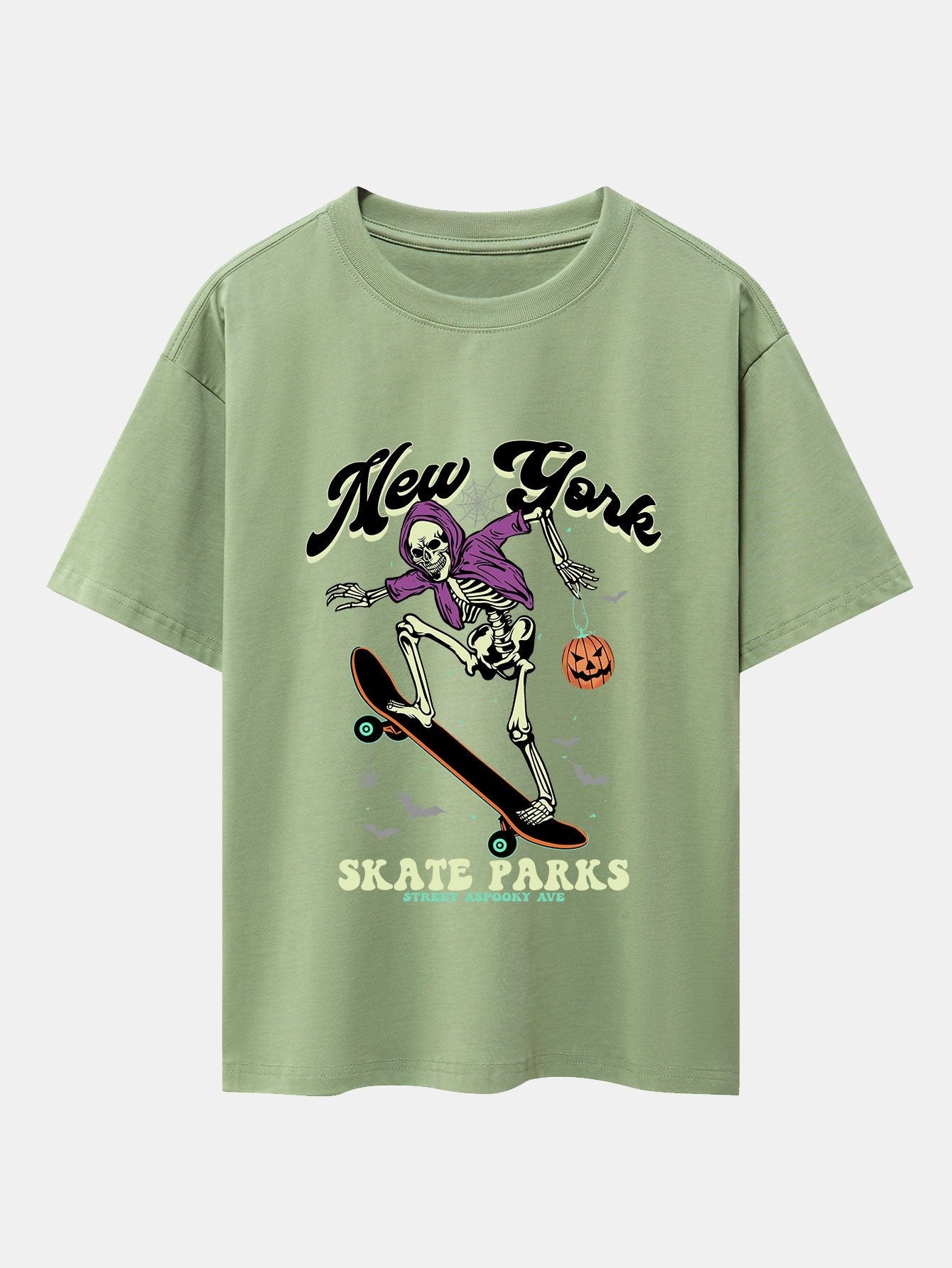 Halloween Skateboard Skeleton Print Drop Shoulder Oversize T-Shirt