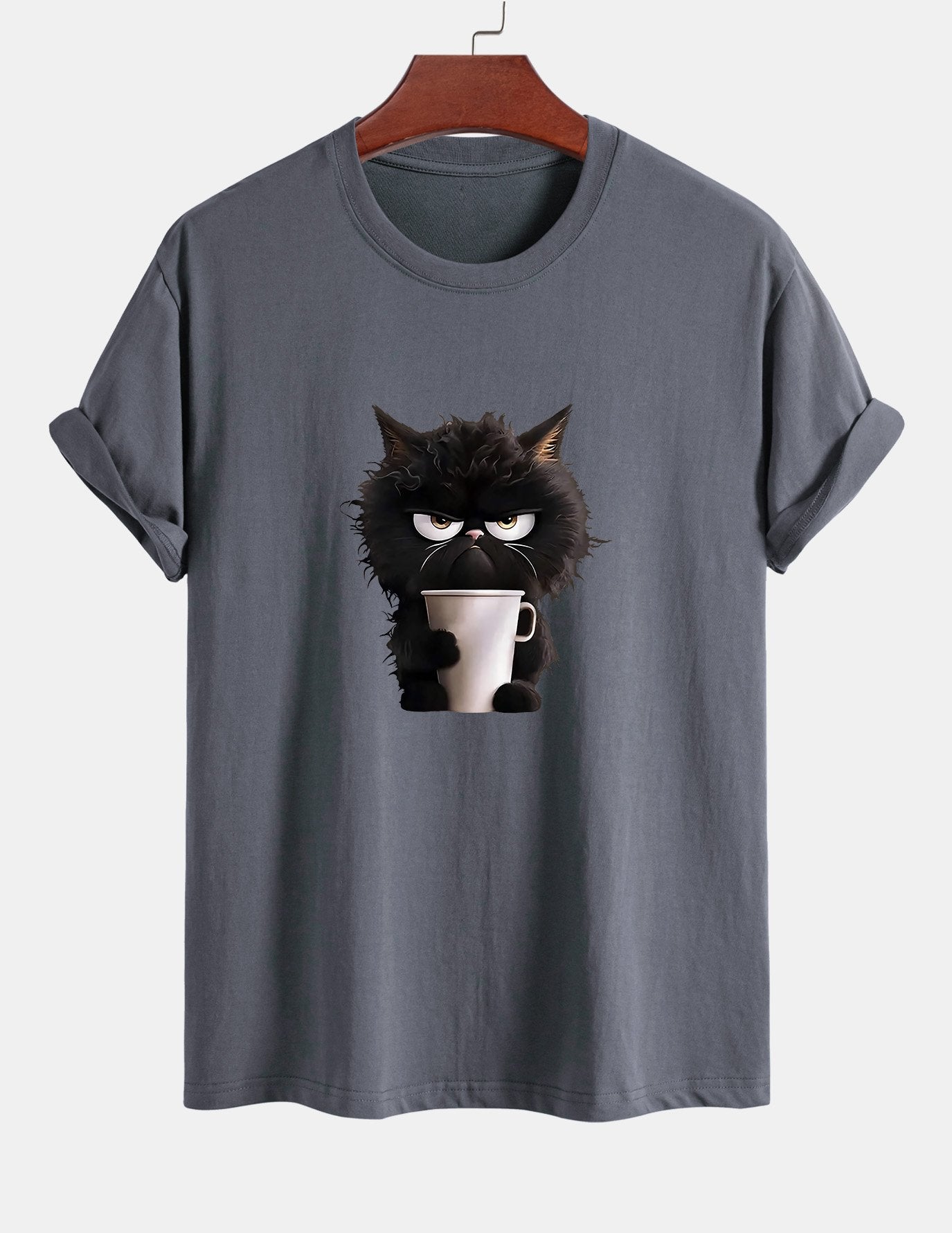 Regular Fit Black Cat Drinking Coffee Print Cotton T-Shirt