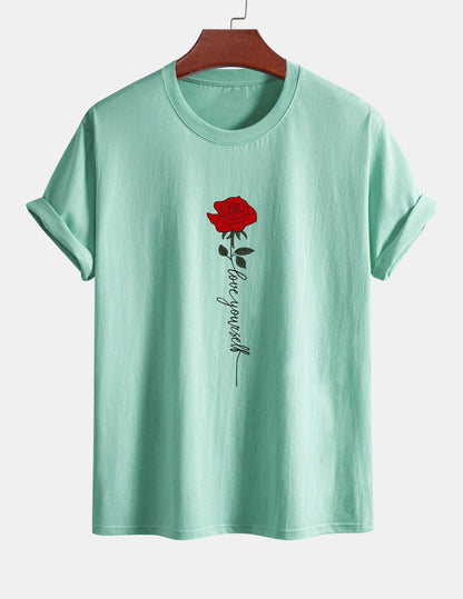 Regular Fit Rose Slogan Print Cotton T-Shirt