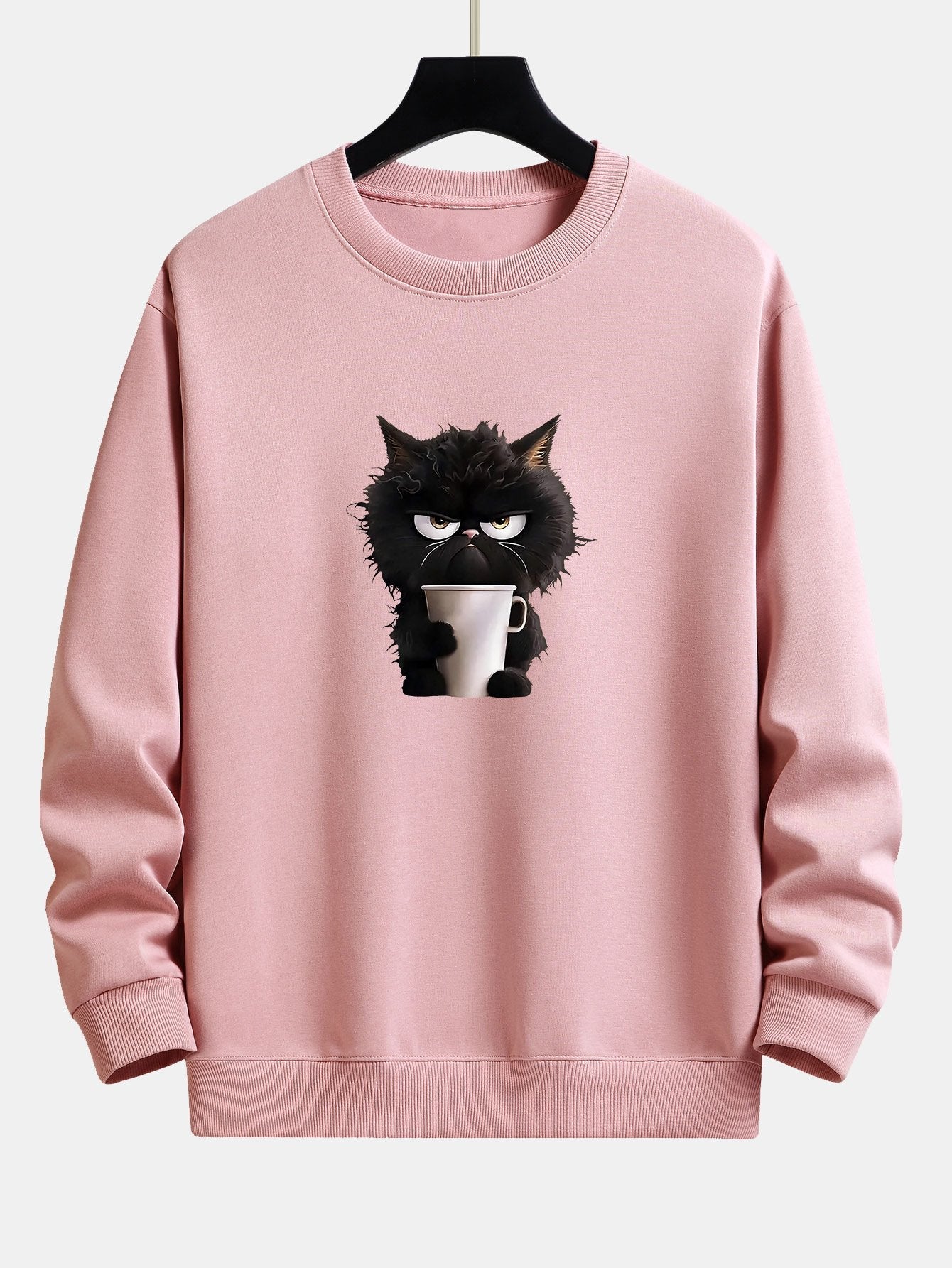 Black Cat Drinking Coffee Print Relax Fit Sweatshirt