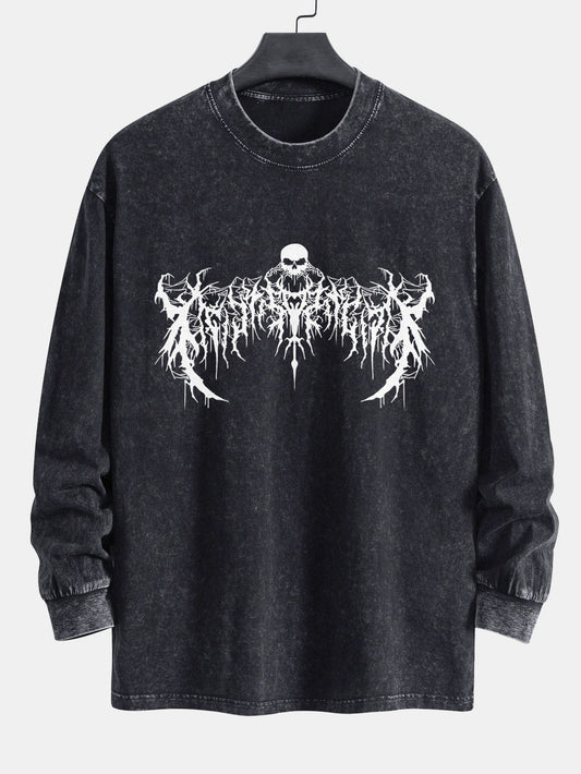 Gothic Skull Print Relax Fit Long Sleeve Washed Distressed T-Shirt