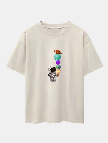 Planet Astronaut Print Drop Shoulder Oversize T-Shirt