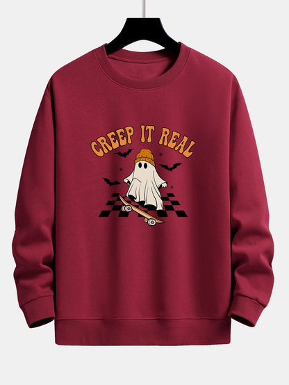 Halloween Skateboard Ghost Print Relax Fit Sweatshirt