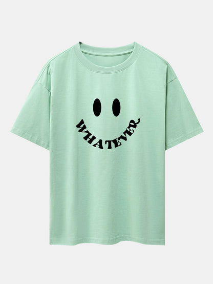 Smiley Face Slogan Print Drop Shoulder Oversize T-Shirt