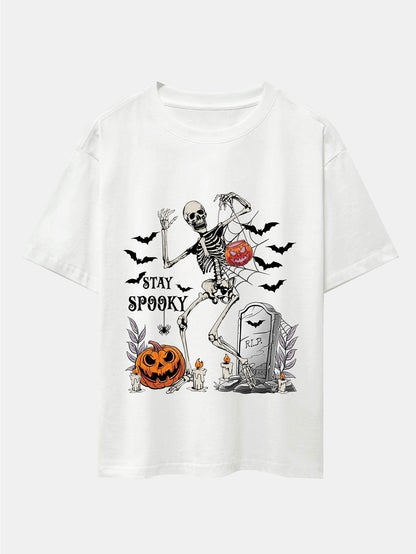 Halloween Skeleton Stay Spooky Print Drop Shoulder Oversize T-Shirt