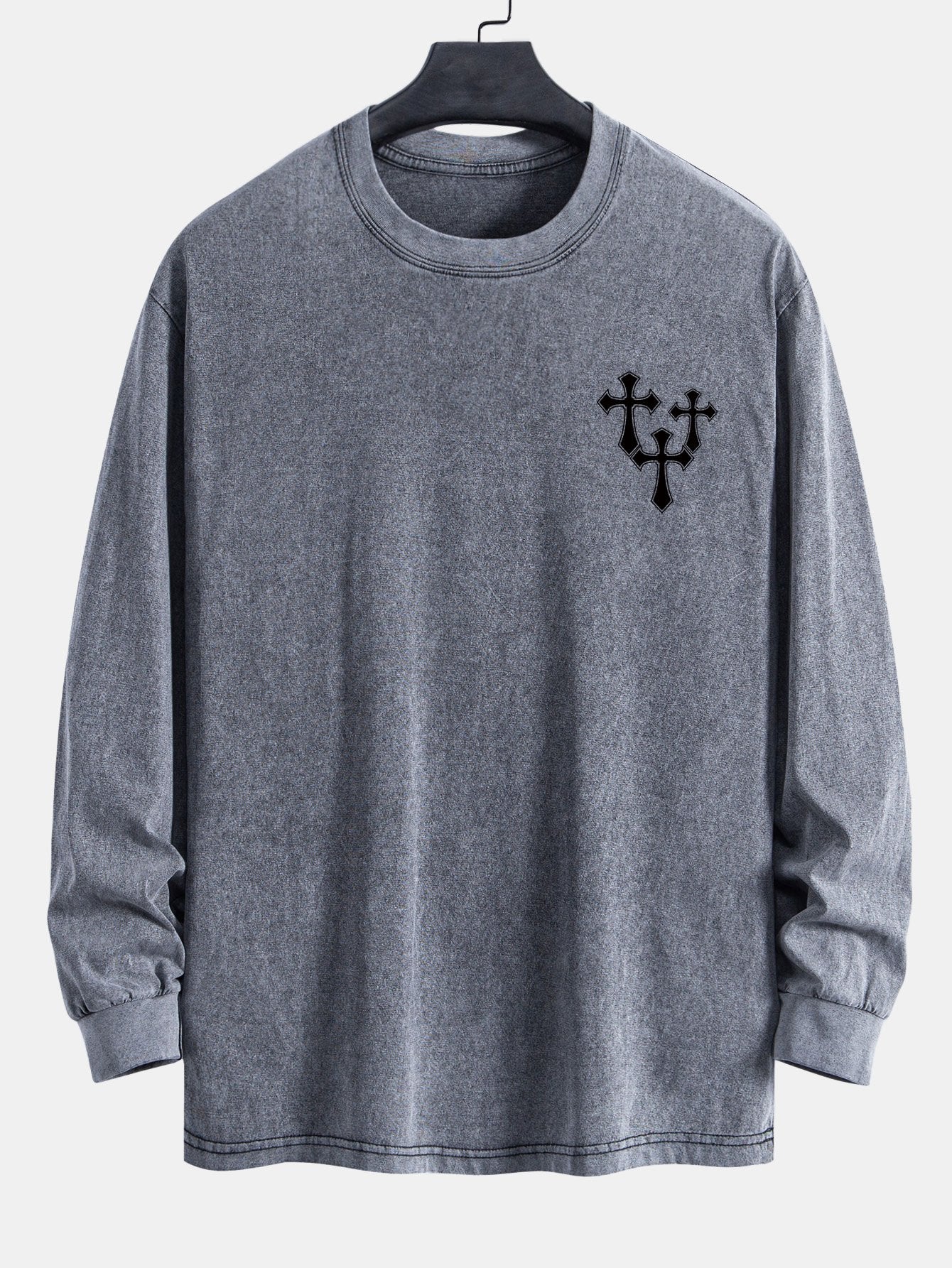 Cross Print Relax Fit Long Sleeve Washed Distressed T-Shirt