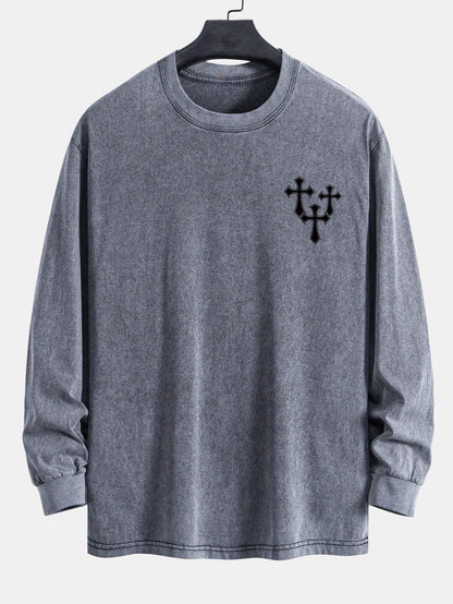 Cross Print Relax Fit Long Sleeve Washed Distressed T-Shirt