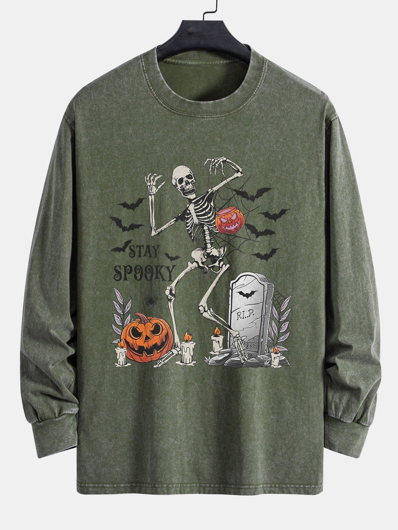 Halloween Skeleton Stay Spooky Print Relax Fit Long Sleeve Washed Distressed T-Shirt