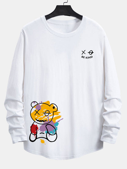 Long Sleeve Graffiti Bear Print Cotton Arc Hem T-Shirt