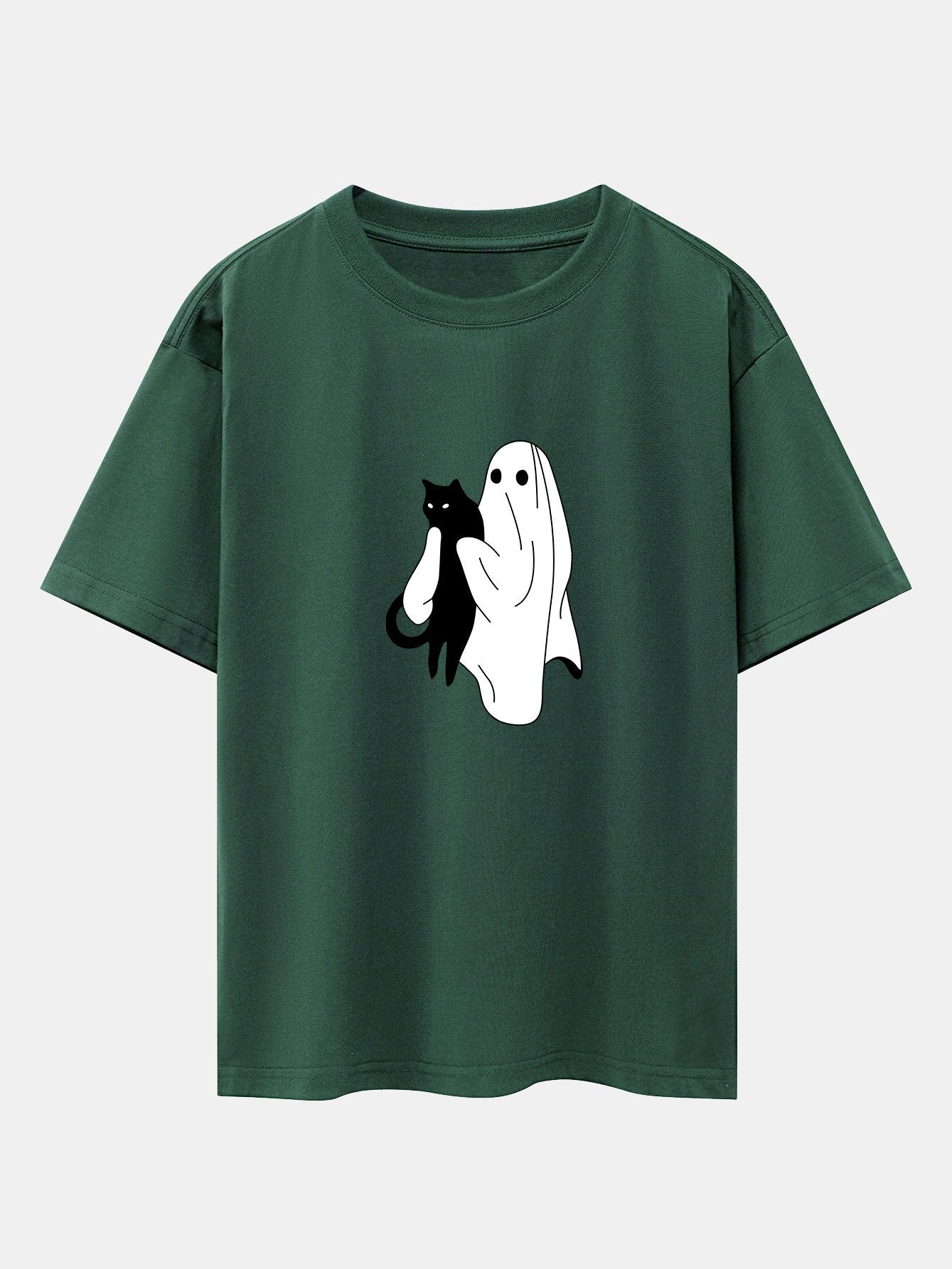 Ghost Black Cat Print Drop Shoulder Oversize T-Shirt