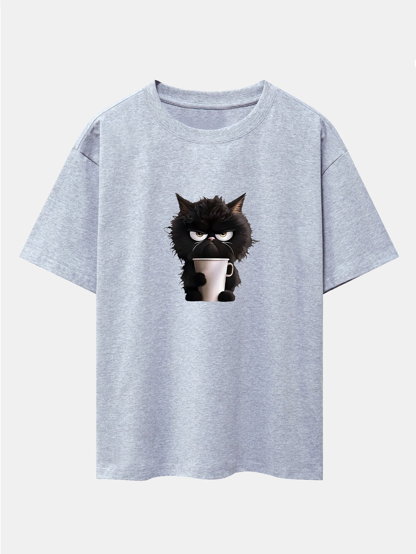 Black Cat Drinking Coffee Print Drop Shoulder Oversize T-Shirt