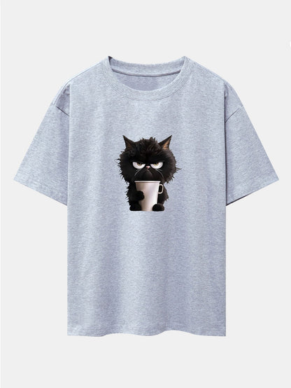 Black Cat Drinking Coffee Print Drop Shoulder Oversize T-Shirt