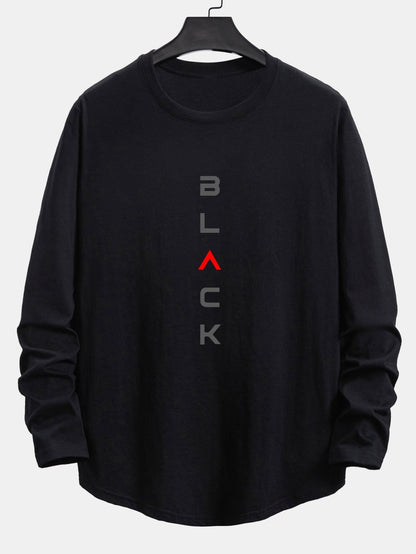 Long Sleeve Black Slogan Print Cotton Arc Hem T-Shirt