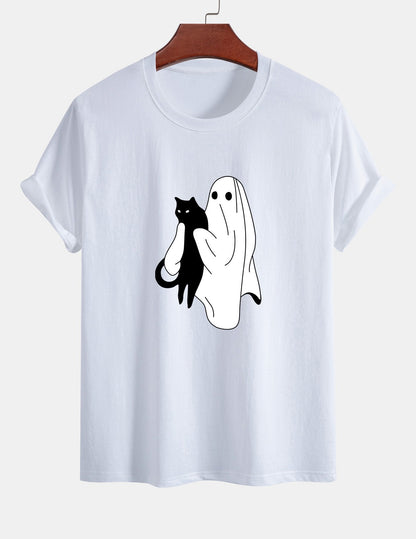 Regular Fit Ghost Black Cat Print Cotton T-Shirt