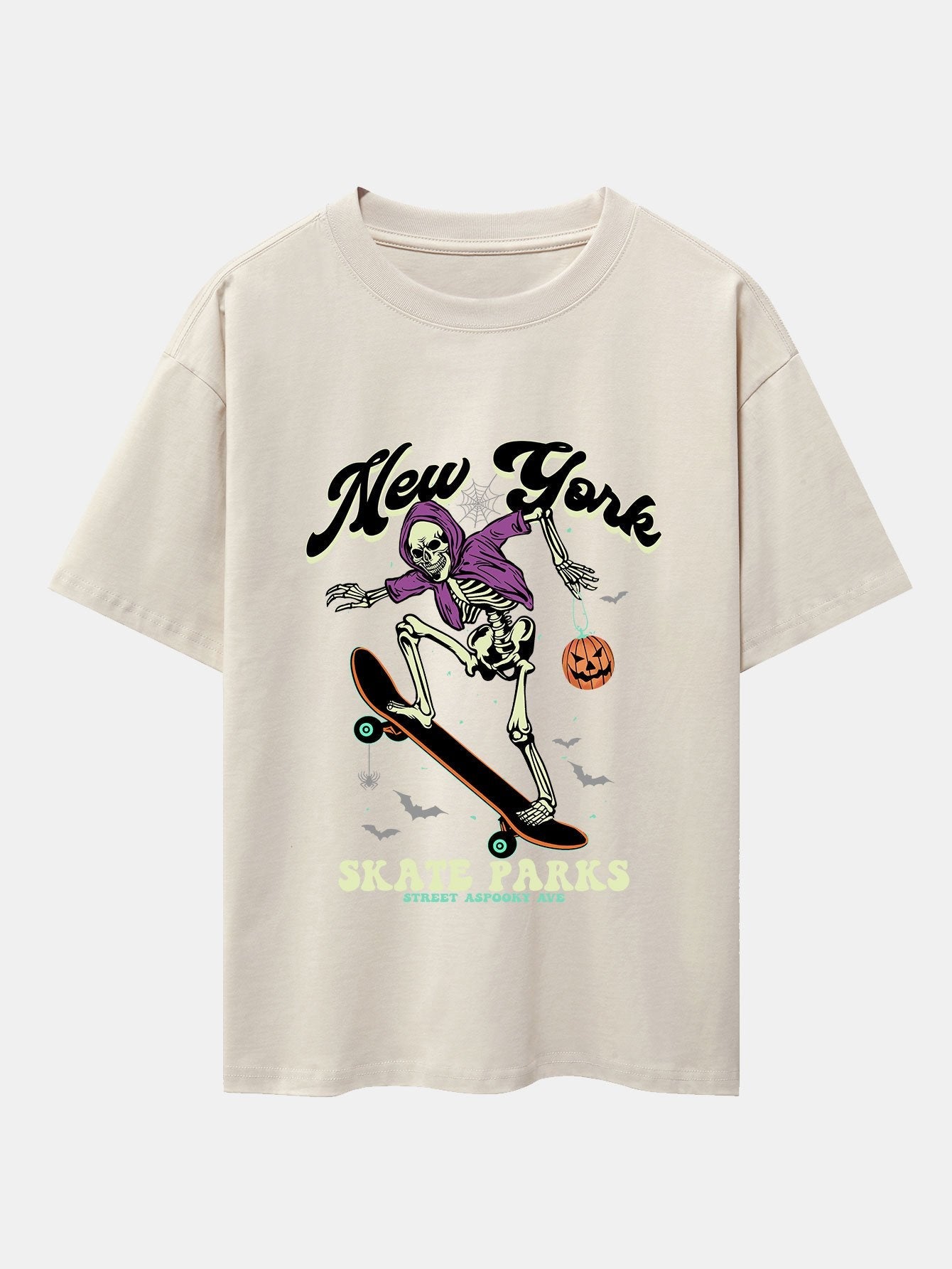 Halloween Skateboard Skeleton Print Drop Shoulder Oversize T-Shirt