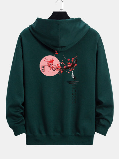 Plum Blossom And Crane Back Print Relax Fit Hoodie