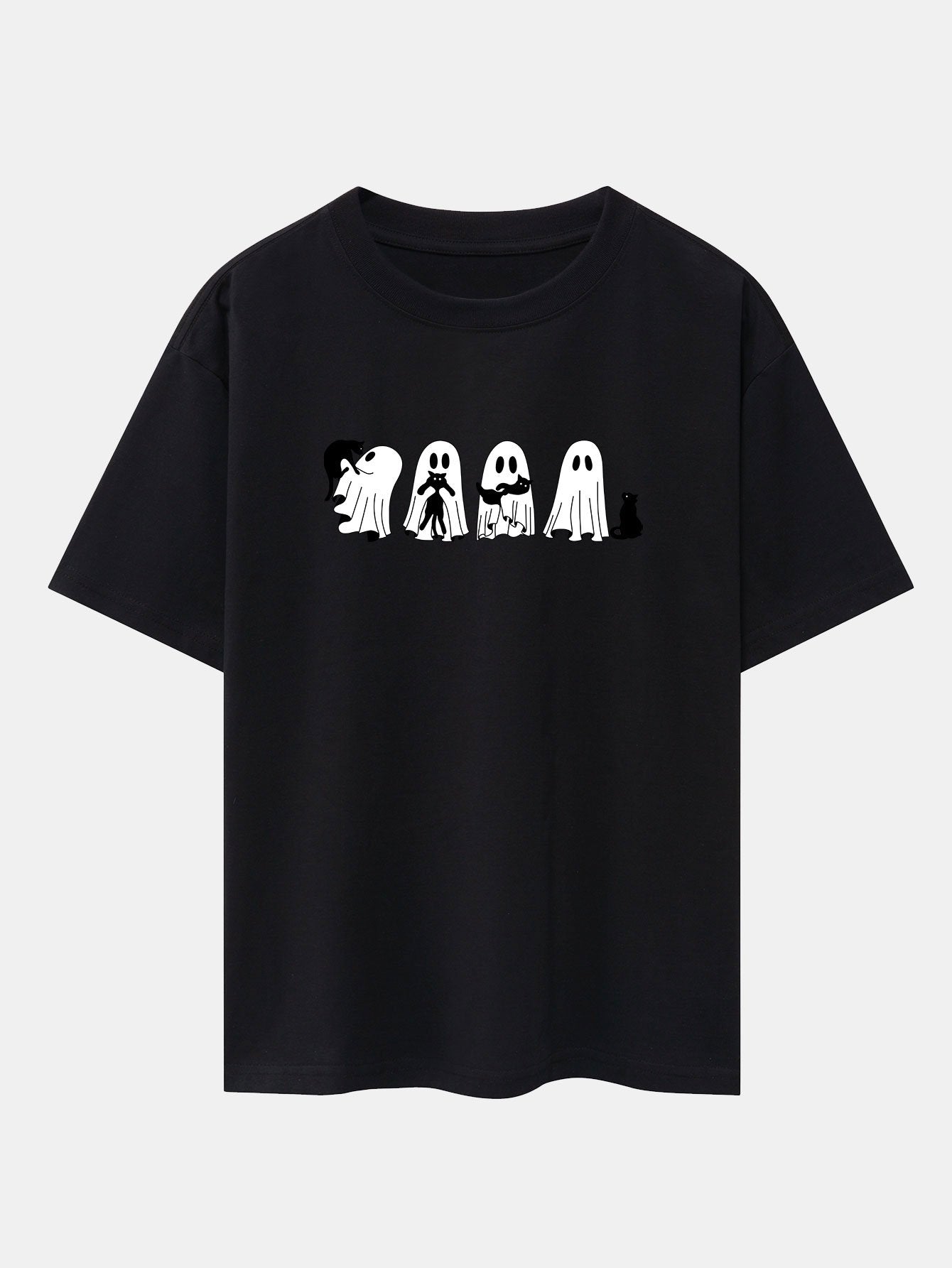 Black Cat Ghost Print Drop Shoulder Oversize T-Shirt