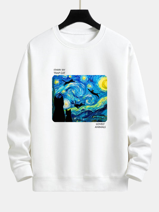 Starry Sky Cat Print Relax Fit Sweatshirt