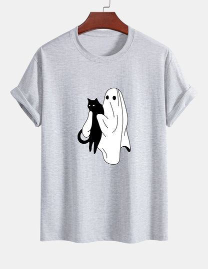 Regular Fit Ghost Black Cat Print Cotton T-Shirt