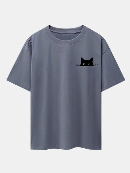 Black Cat Print Drop Shoulder Oversize T-Shirt