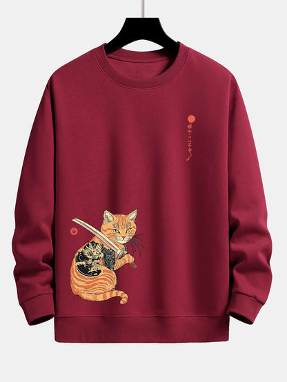 Samurai Warrior Cat Print Relax Fit Sweatshirt