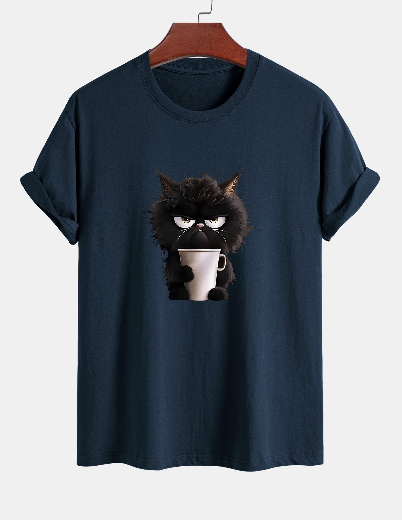 Regular Fit Black Cat Drinking Coffee Print Cotton T-Shirt