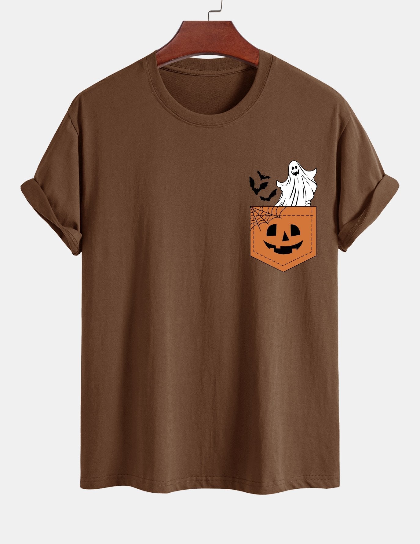 Regular Fit Pocket Pumpkin Ghost Print Cotton T-Shirt