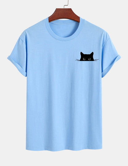 Regular Fit Black Cat Print Cotton T-Shirt