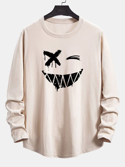 Long Sleeve Graffiti Smiley Face Print Cotton Arc Hem T-Shirt