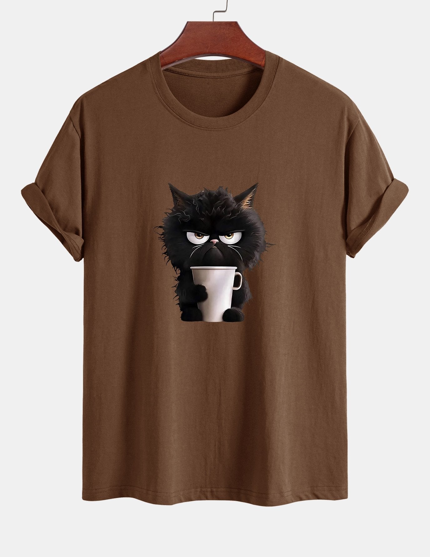 Regular Fit Black Cat Drinking Coffee Print Cotton T-Shirt