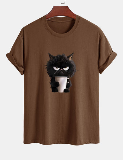 Regular Fit Black Cat Drinking Coffee Print Cotton T-Shirt