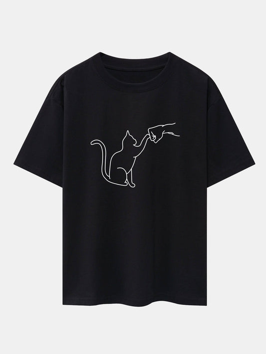 Fist Bump Cat Print Drop Shoulder Oversize T-Shirt