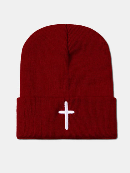 3D Cross Embroidered Pattern Flanged Knitted Hat