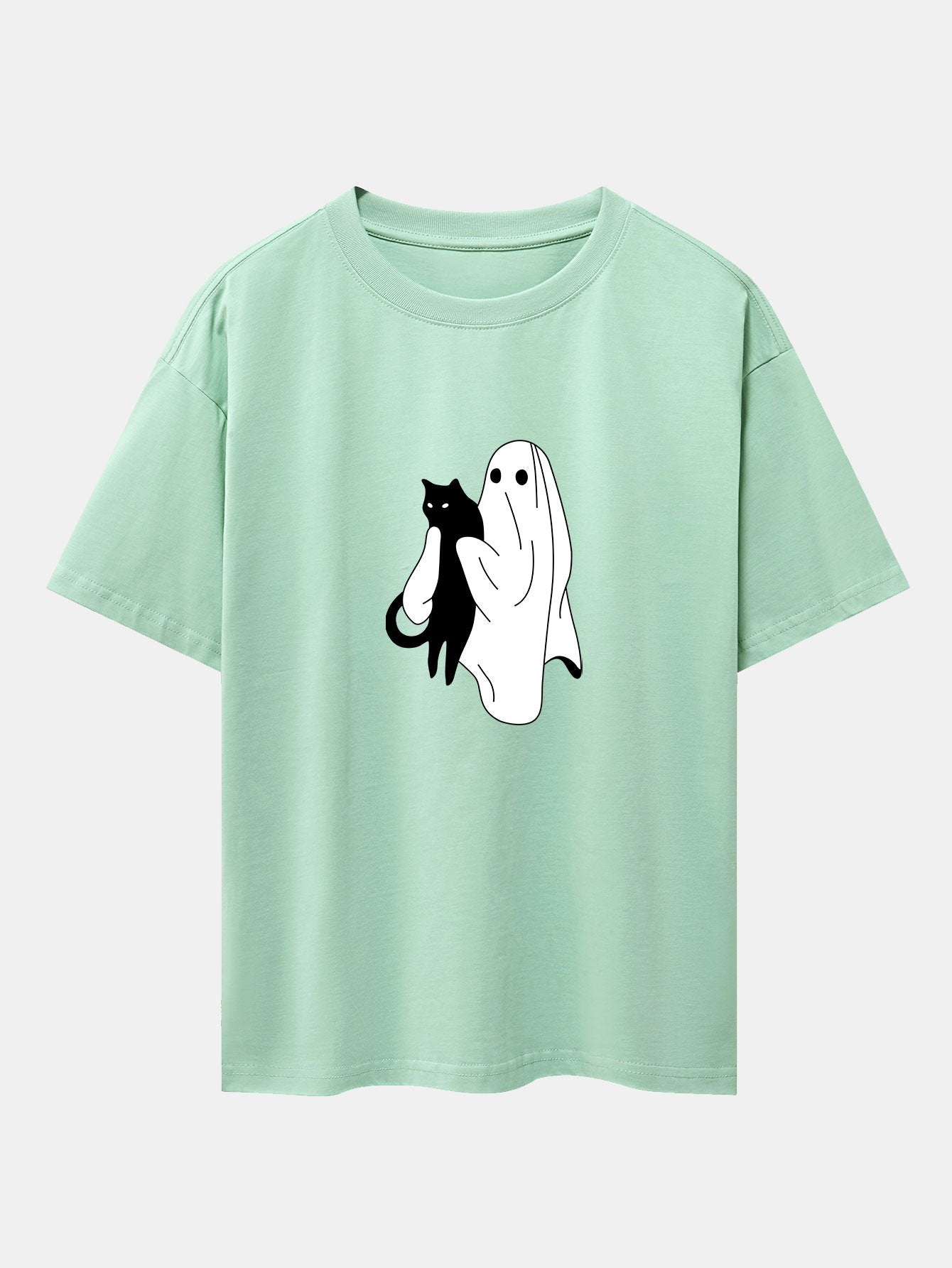 Ghost Black Cat Print Drop Shoulder Oversize T-Shirt