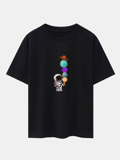 Planet Astronaut Print Drop Shoulder Oversize T-Shirt