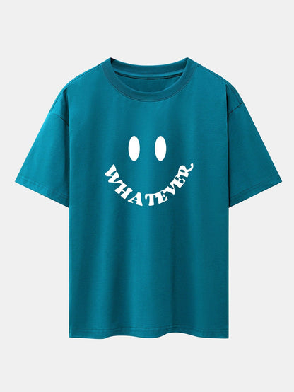 Smiley Face Slogan Print Drop Shoulder Oversize T-Shirt