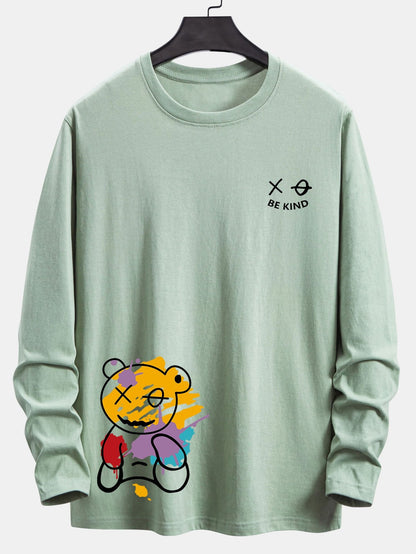 Long Sleeve Graffiti Bear Print Cotton T-Shirt