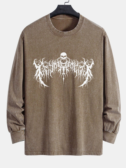 Gothic Skull Print Relax Fit Long Sleeve Washed Distressed T-Shirt