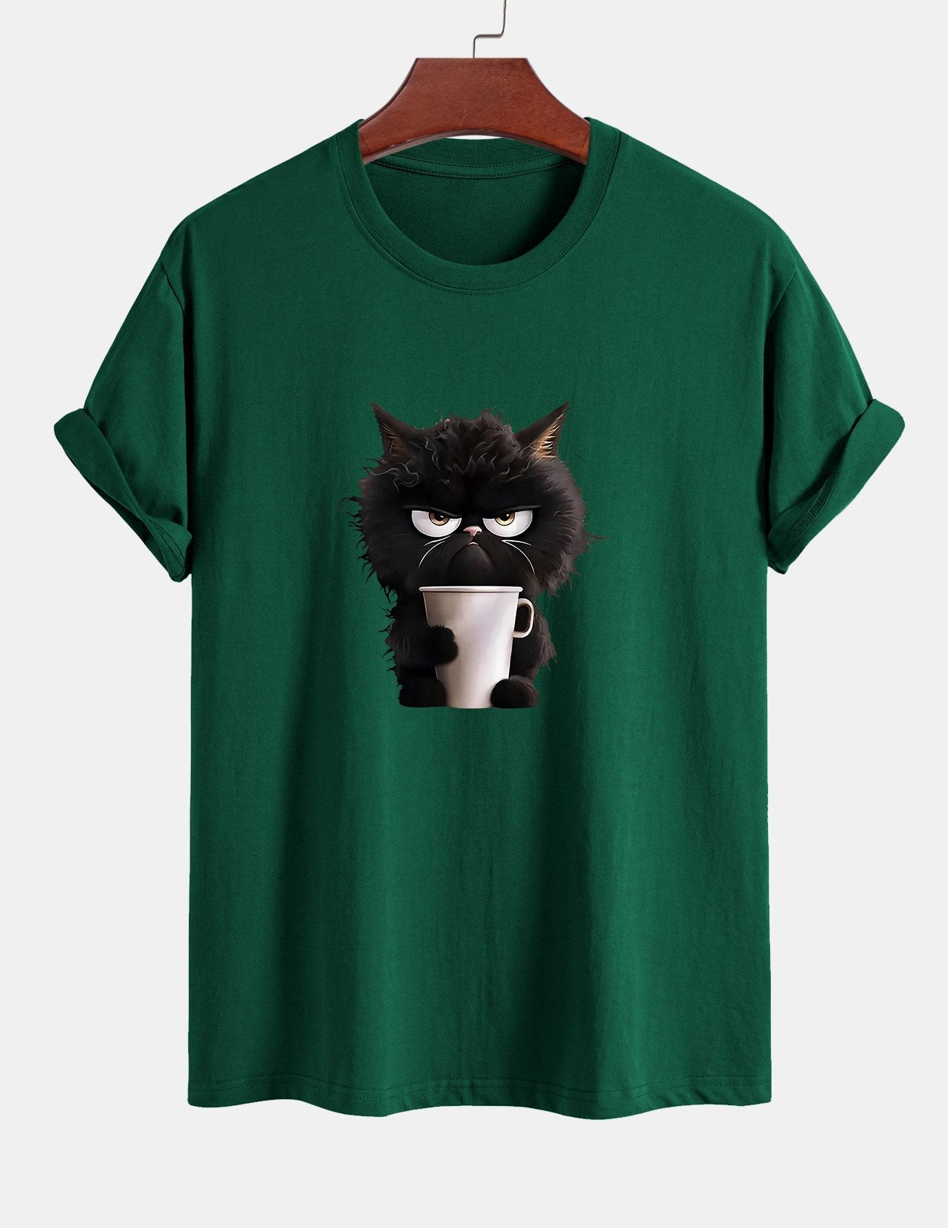 Regular Fit Black Cat Drinking Coffee Print Cotton T-Shirt