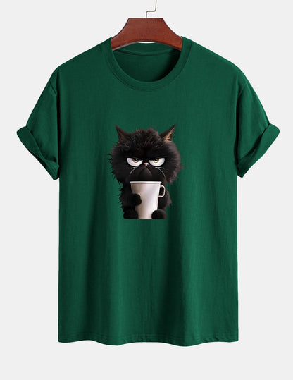 Regular Fit Black Cat Drinking Coffee Print Cotton T-Shirt