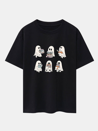 Ghost Reading Book Print Drop Shoulder Oversize T-Shirt