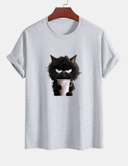 Regular Fit Black Cat Drinking Coffee Print Cotton T-Shirt